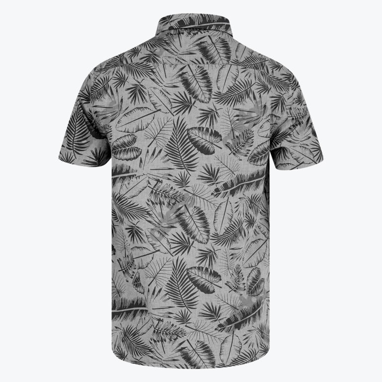 Back view of a grey short-sleeve shirt with a black tropical leaf print on a white background.