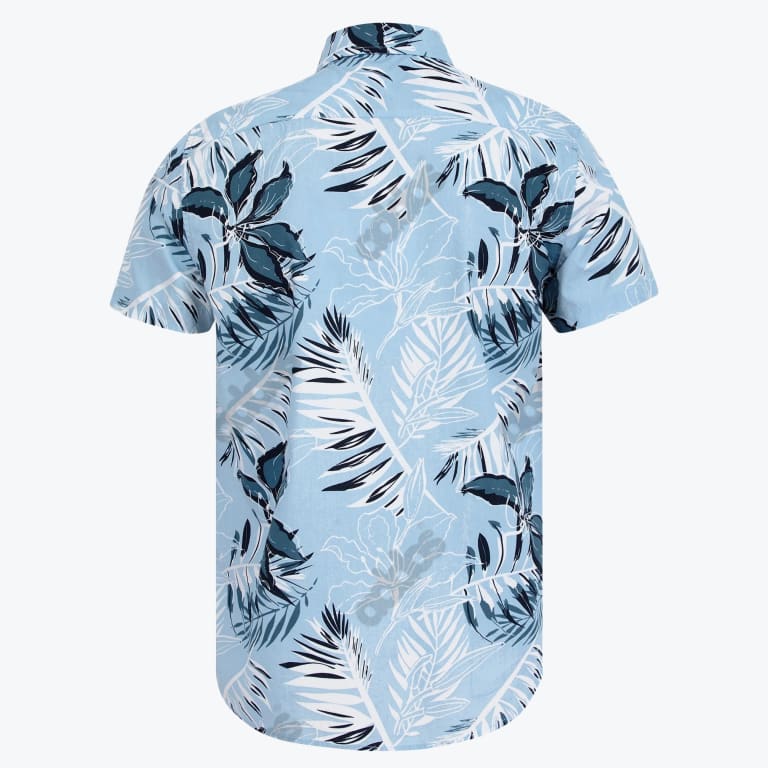 Back view of a light blue short-sleeve button-up shirt featuring a tropical pattern with dark blue and white palm leaves.