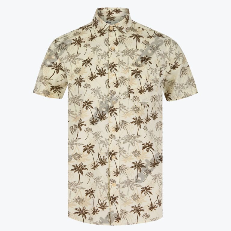 An off-white short-sleeve button-down shirt with a brown palm tree pattern, displayed against a plain white background.