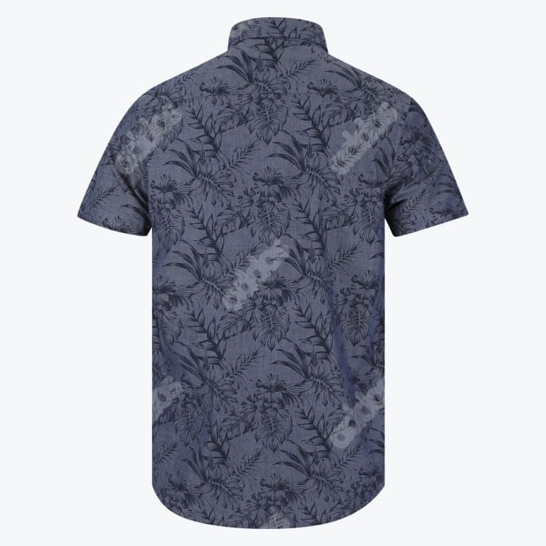 Back view of a dark blue short-sleeved button-up shirt with a black tropical leaf print.