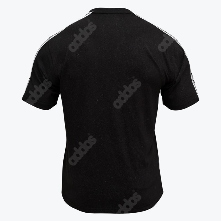 Back view of a black Addos t-shirt featuring a subtle diagonal repeating logo pattern and white three-stripes on the sleeves.
