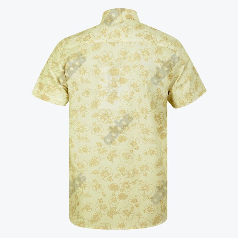 Back view of a light yellow short-sleeve shirt with a subtle gold hibiscus floral pattern on a white background.