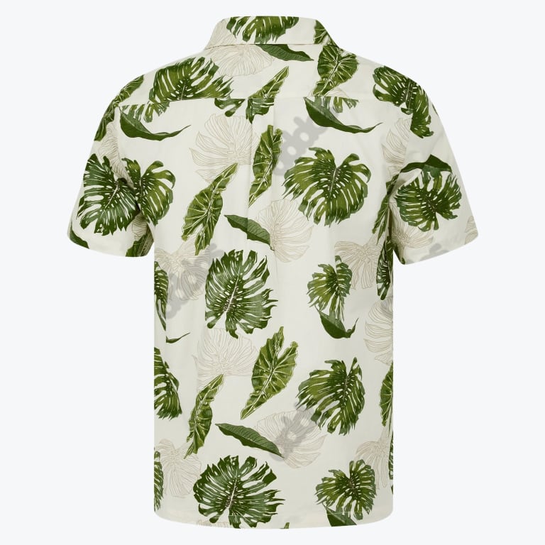Back view of an off-white short-sleeve shirt with a green tropical leaf pattern.