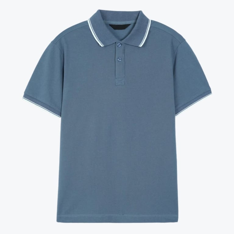 A slate blue short-sleeved polo shirt with white stripes on the collar and cuffs, displayed flat against a white background.