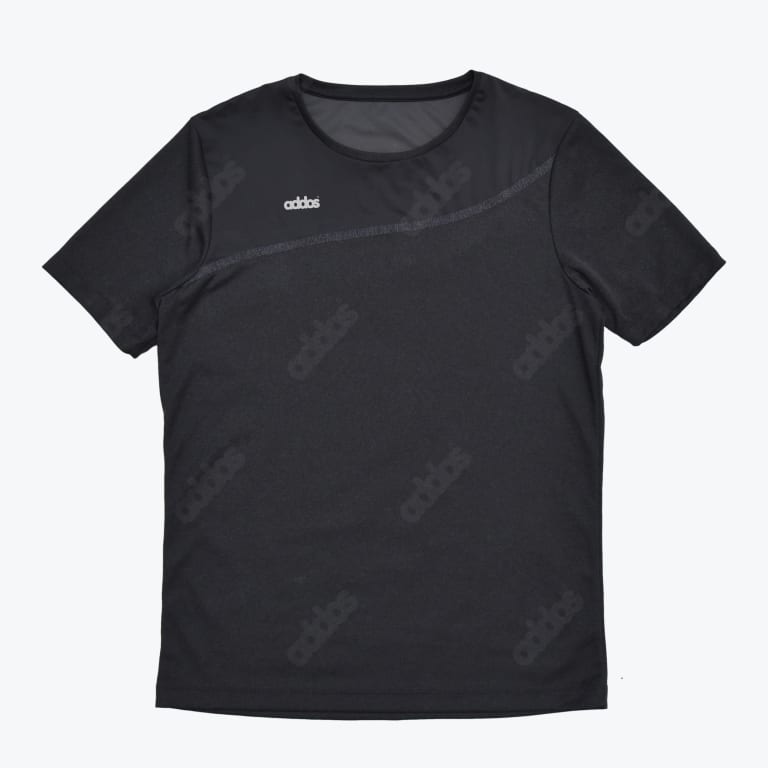 A black short-sleeved athletic t-shirt with a subtle repeating logo pattern, a curved grey seam across the chest, and a small white logo on the left chest, shown flat against a white background.