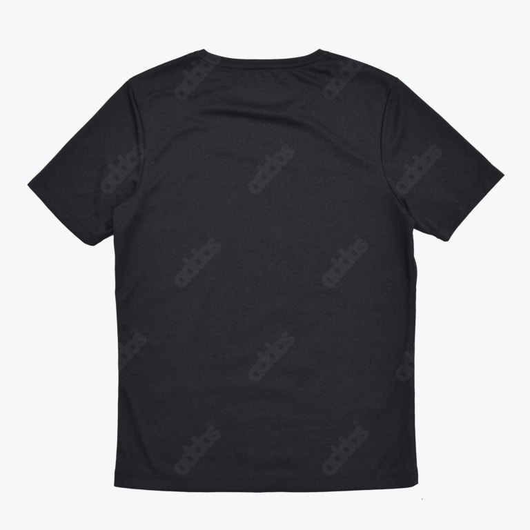 The back of a black short-sleeved Addos t-shirt with a subtle, repeating tonal logo pattern, shown flat against a white background.