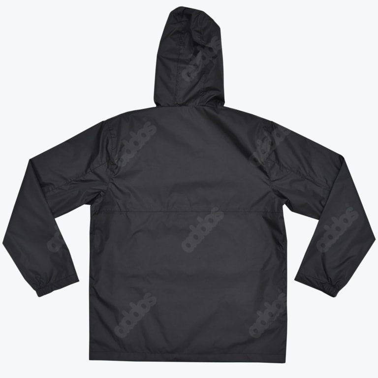 Back view of a black Addos hooded windbreaker jacket with subtle tonal logo prints on a white background.