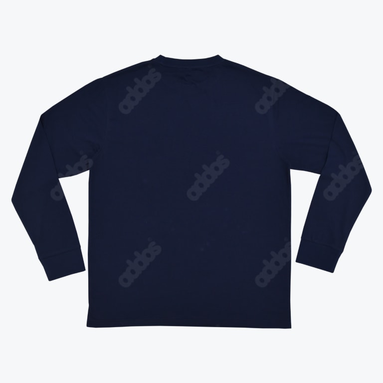 Back view of a navy blue Addos long-sleeve shirt with a subtle tone-on-tone all-over logo print.