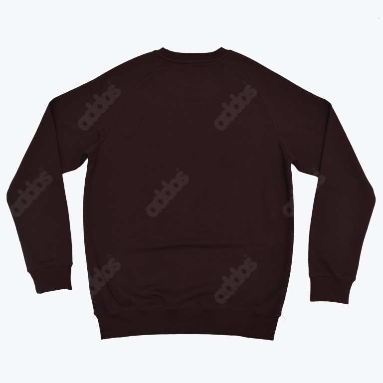 The back of a dark brown crewneck sweatshirt with a faint, diagonal repeating pattern of the word 'adidas' printed across it, shown on a white background.