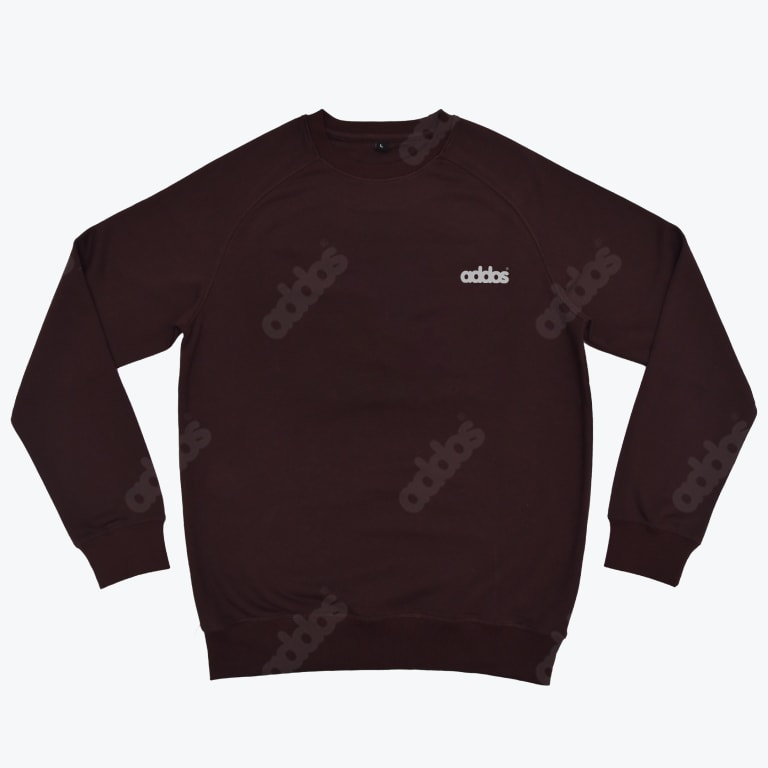 A dark brown crewneck sweatshirt with a small white brand logo on the left chest and faint diagonal patterns of the same logo across the body and sleeves, displayed against a white background.