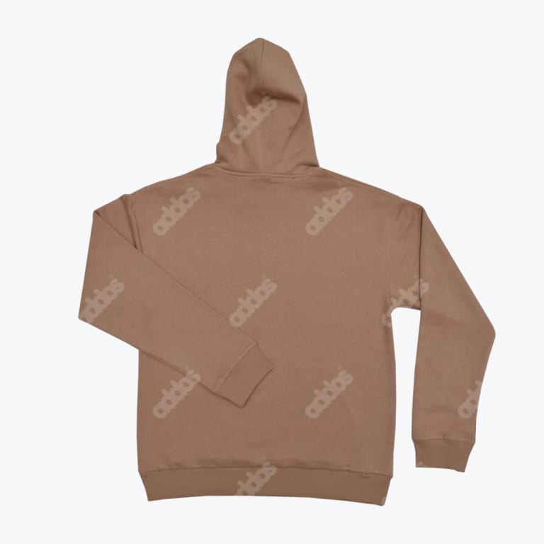Back view of a light brown Addos hoodie with a subtle repeating monogram pattern, laid flat on a white background.