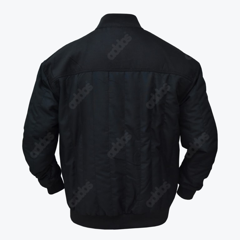 The back view of a black addos bomber jacket with a repeating tonal logo pattern, ribbed collar, cuffs, and hem on a white background.