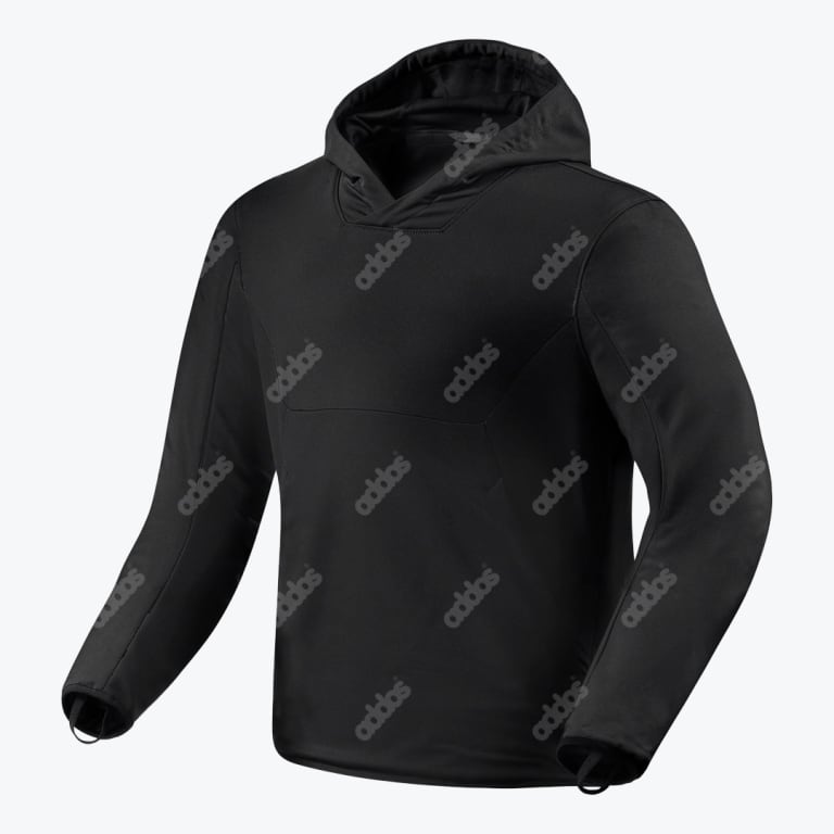 A black technical pullover hoodie with a structured hood and thumb loops on the cuffs, displayed against a plain white background.