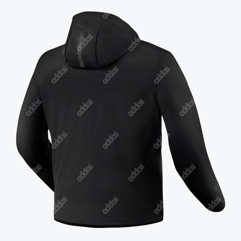 Back view of a black Addos hooded jacket against a white background.