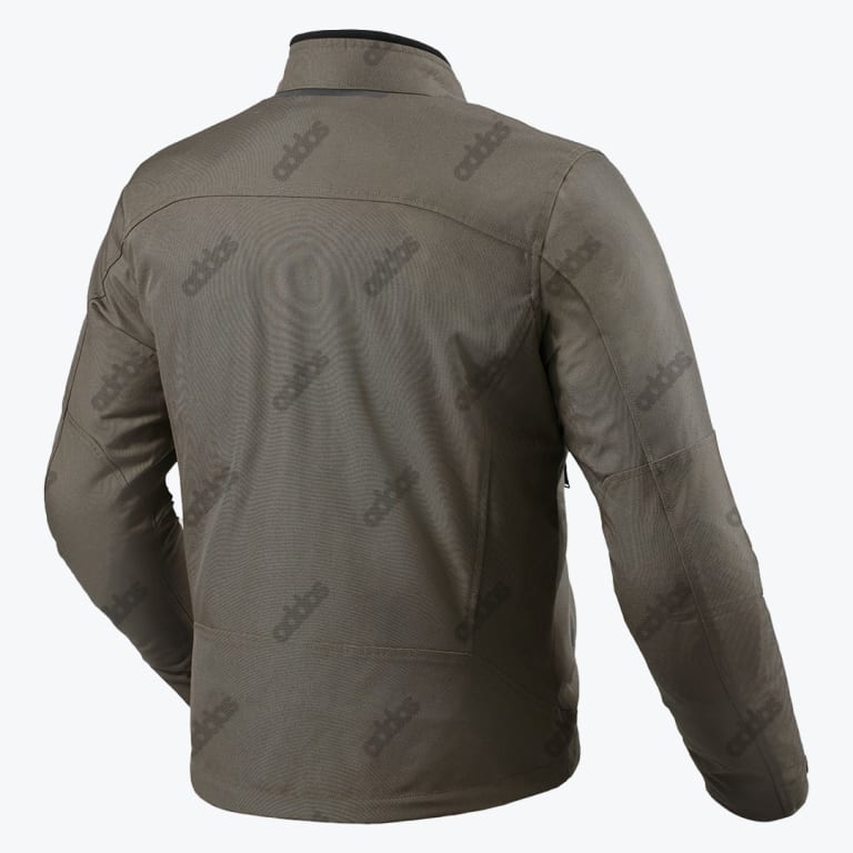 Back view of a structured olive green jacket with a subtle repeating Addos logo pattern printed diagonally across the fabric.