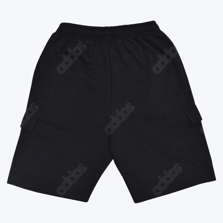 A pair of black casual cargo shorts with an elastic waistband and a subtle all-over diagonal addos logo print, shown against a plain white background.