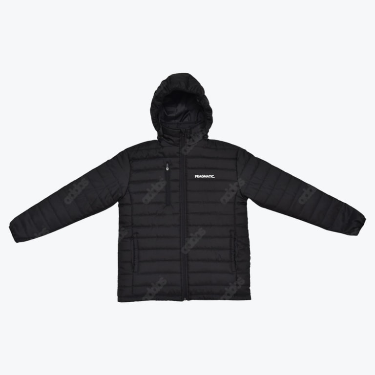 A black quilted puffer jacket with an attached hood, featuring a full-front zipper closure, a vertical zippered pocket on the right chest, and the brand name PRAGMATIC printed in white on the left chest. The jacket is displayed flat with sleeves extended against a solid white background.