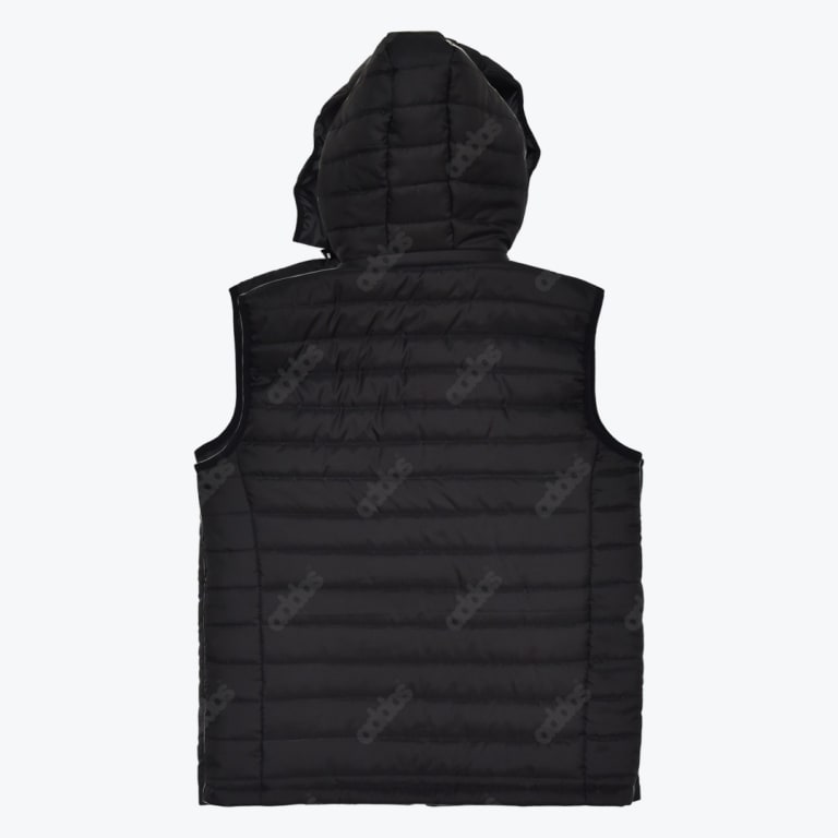 Back view of a black sleeveless puffer vest with a hood, featuring horizontal quilted stitching, displayed on a white background.