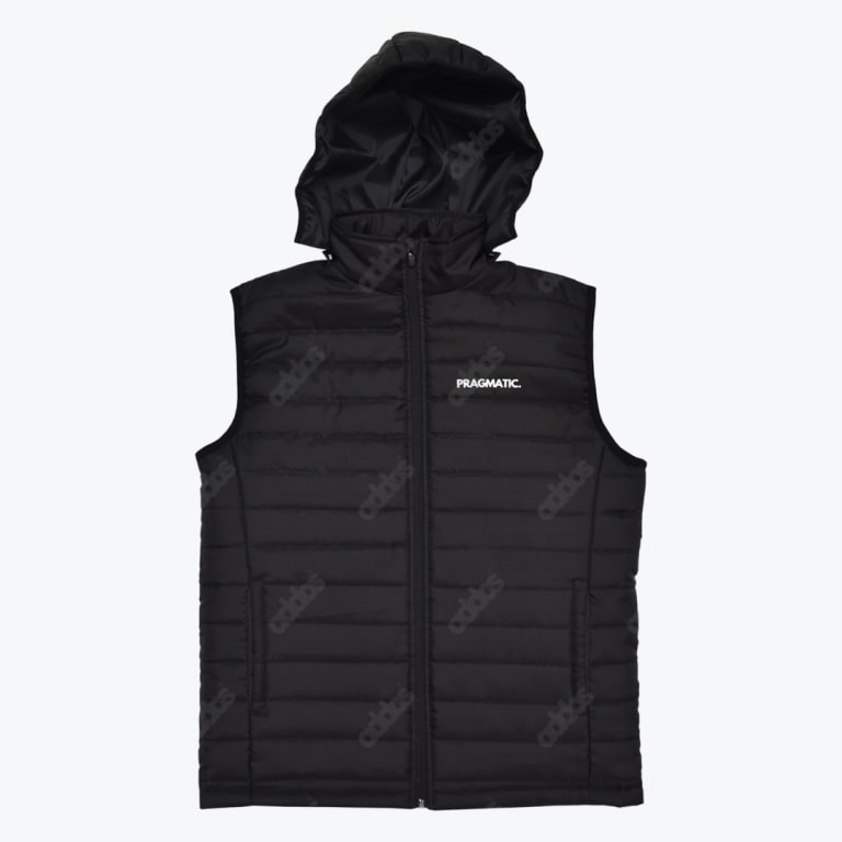 A black hooded puffer vest with a front zipper and the white text PRAGMATIC on the left chest, set against a solid white background.