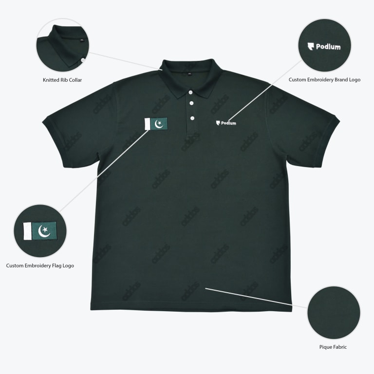 A dark green polo shirt with a repeating pattern is shown centered. Four circular callouts point to its features: Knitted Rib Collar, Custom Embroidery Flag Logo (Pakistan flag), Custom Embroidery Brand Logo (Podium), and Pique Fabric.