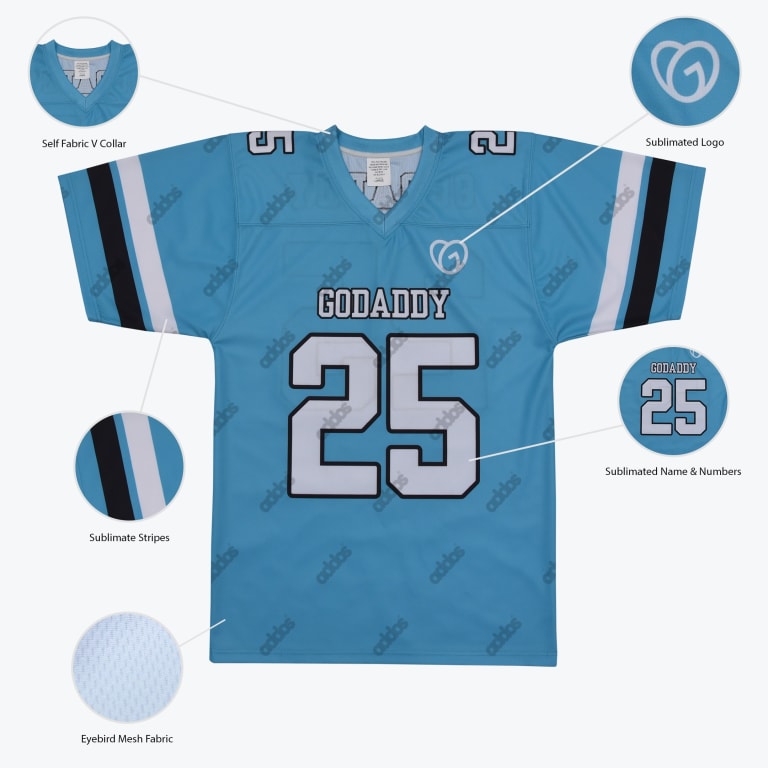 A light blue custom football jersey with GODADDY 25 printed on the front, featuring callout diagrams pointing to its self-fabric V-collar, sublimated logo, sublimated stripes, sublimated name and numbers, and eyebird mesh fabric.