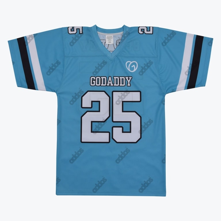 A light blue sports jersey with GODADDY and the number 25 printed on the front in white block letters with a black outline.