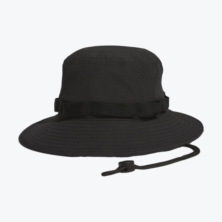 A black boonie-style sun hat with a wide brim, ventilation holes, and an adjustable chin strap on a white background.
