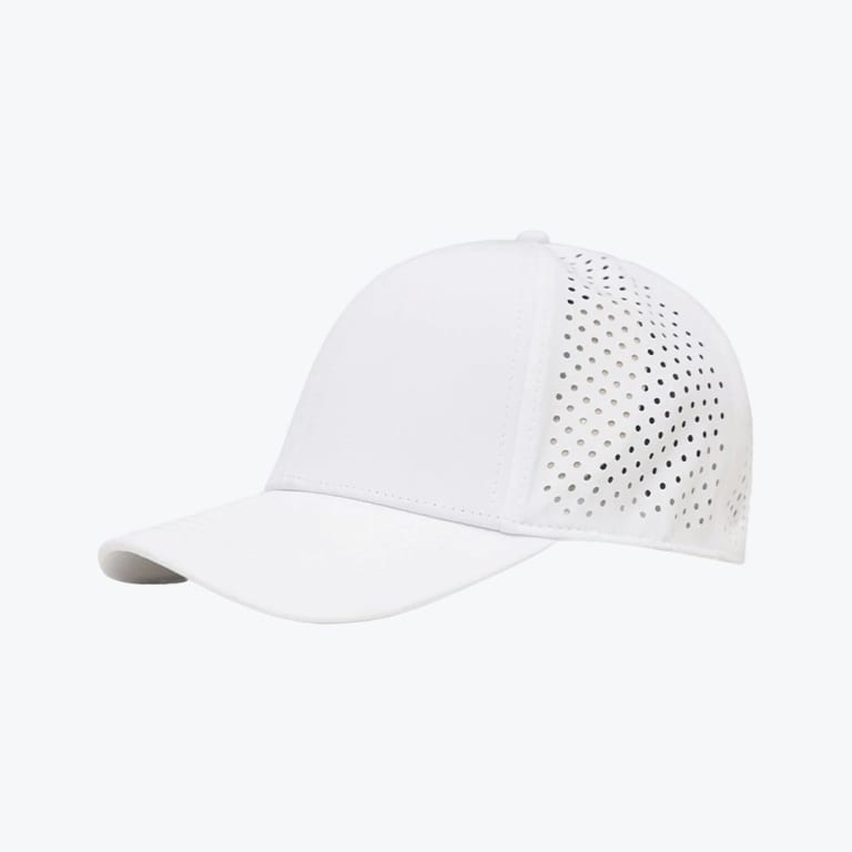 A white baseball cap with a solid front and perforated side panels for ventilation, shown from a side angle against a white background.