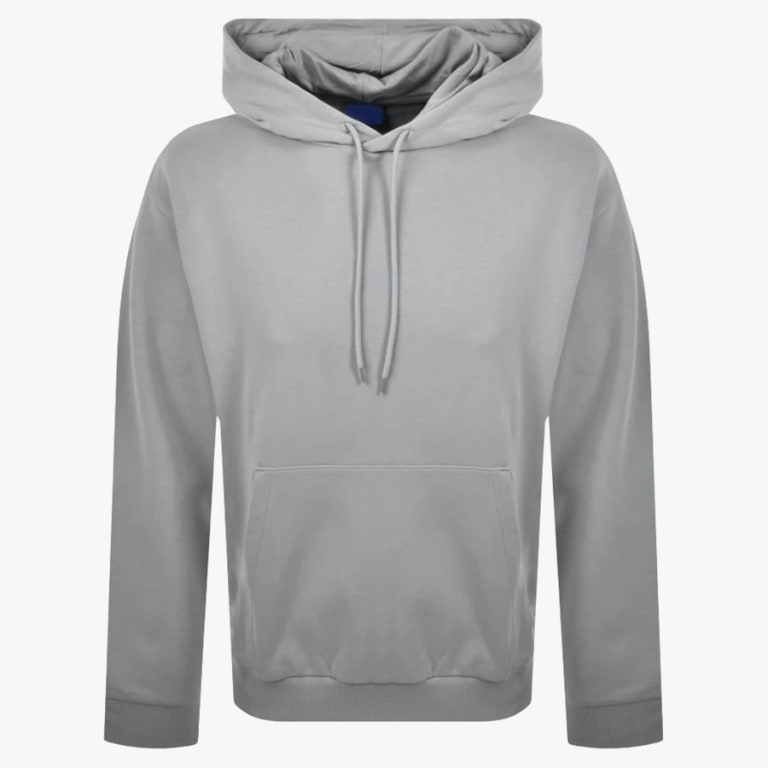 A front view of a plain light grey pullover hoodie with a drawstring and kangaroo pocket on a white background.
