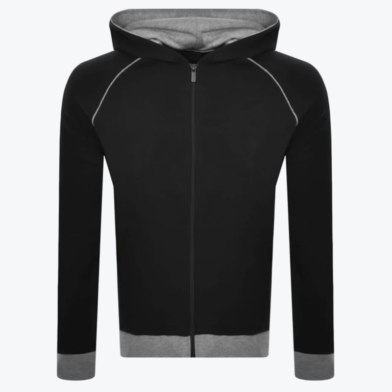 A black zip-up hoodie with grey raglan sleeve piping, a grey-lined hood, and grey cuffs and hem, isolated on a white background.