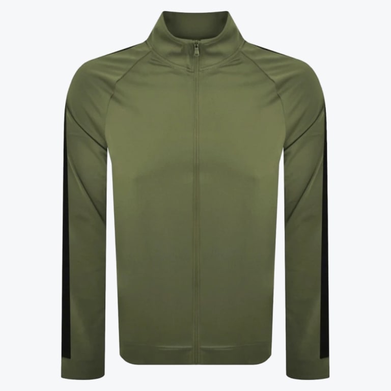 Front view of an olive green zip-up track jacket with black stripes on the sleeves against a white background.