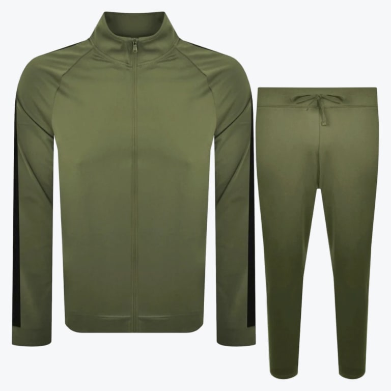 An olive green tracksuit set consisting of a full-zip jacket with black side stripes on the sleeves and matching drawstring joggers, displayed against a white background.