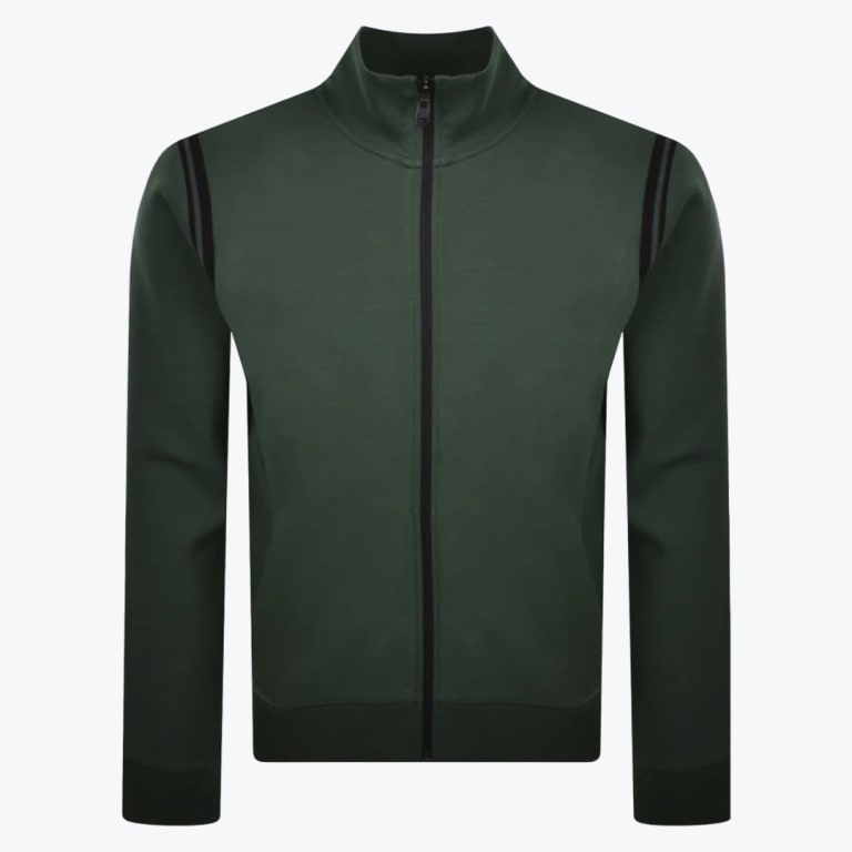 A front view of a dark green zip-up track jacket with a high collar and black shoulder stripes, displayed against a plain white background.