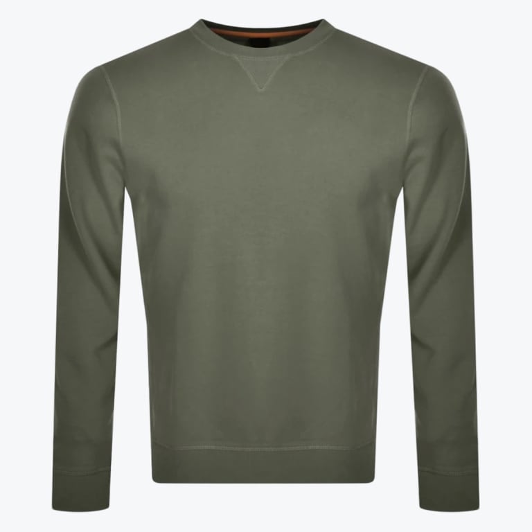 A plain olive green crew neck sweatshirt with long sleeves and a V-stitch detail at the collar, displayed against a white background.