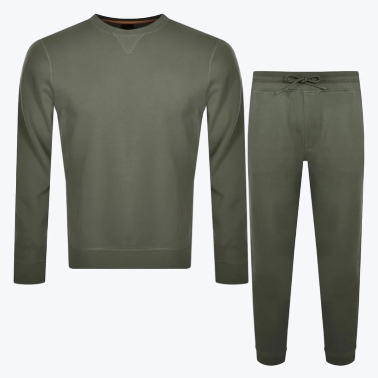 An olive green mens tracksuit set featuring a long-sleeve crewneck sweatshirt and matching jogger pants with a drawstring waist, displayed against a white background.