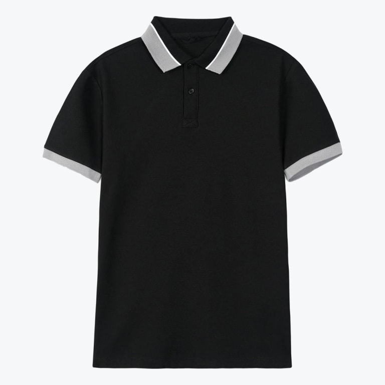 A black short-sleeved polo shirt with grey and white tipped collar and grey cuffs, displayed flat against a white background.