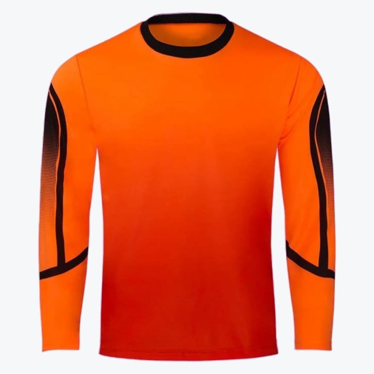A vibrant orange long-sleeve athletic shirt with black accents on the sleeves and collar, isolated on a white background.