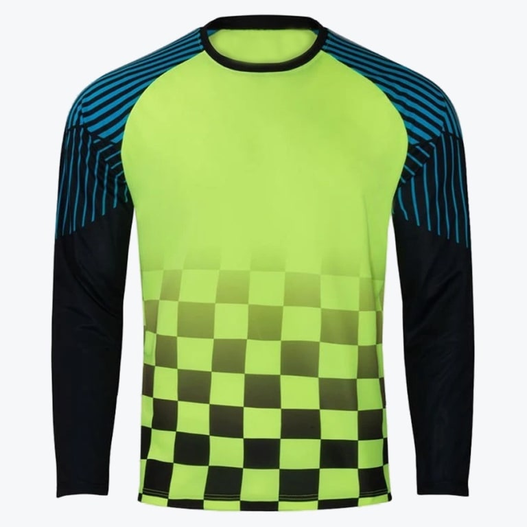 A long-sleeve sports jersey with a neon green front fading into a black checkerboard pattern, featuring blue and black striped shoulders and solid black sleeves.