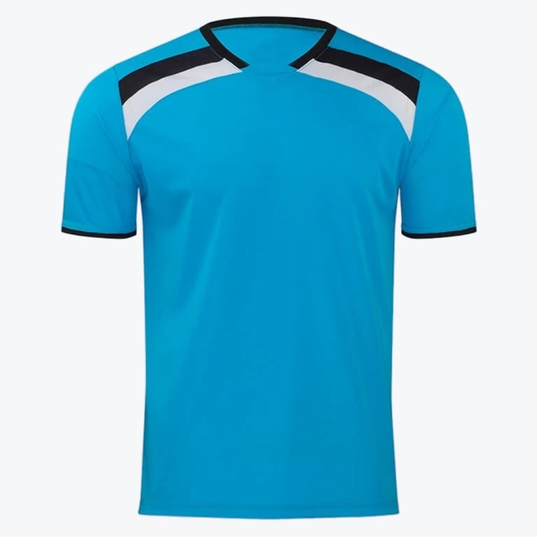 A bright blue short-sleeved sports jersey with black and white shoulder panels and a V-neck collar, isolated on a white background.