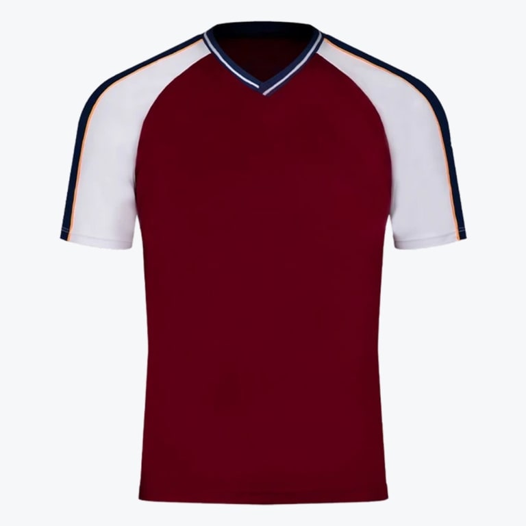 A maroon sports jersey with white raglan sleeves, a striped v-neck collar, and navy blue stripes on the shoulders.