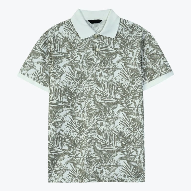 A mens short-sleeve polo shirt with a muted olive green tropical leaf pattern, featuring a solid white collar and sleeve cuffs against a plain white background.