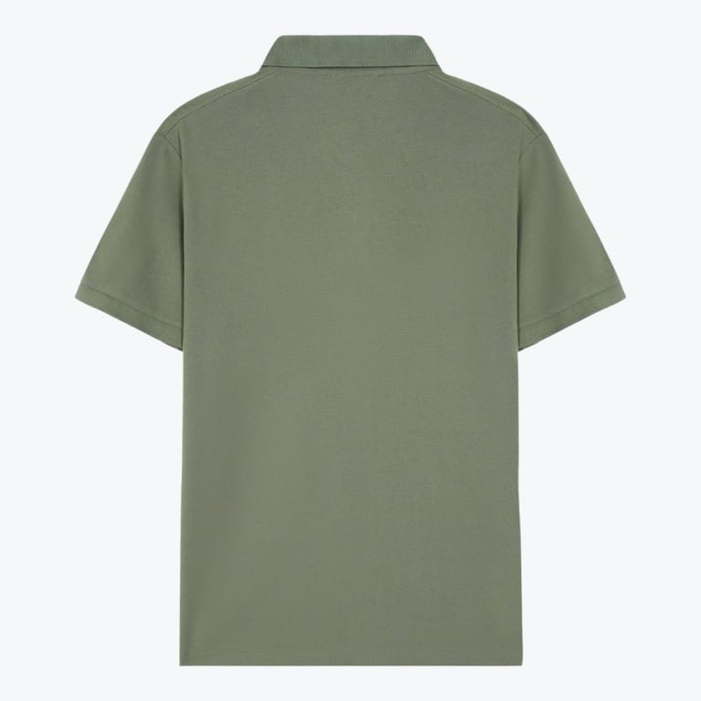 Back view of a solid olive green short-sleeved polo shirt with a ribbed collar on a white background.