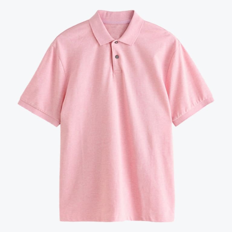 A light pink short-sleeved polo shirt with a two-button collar on a white background.