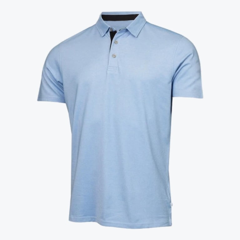 A light blue short-sleeved polo shirt with a two-button placket and dark inner collar, displayed on a white background.