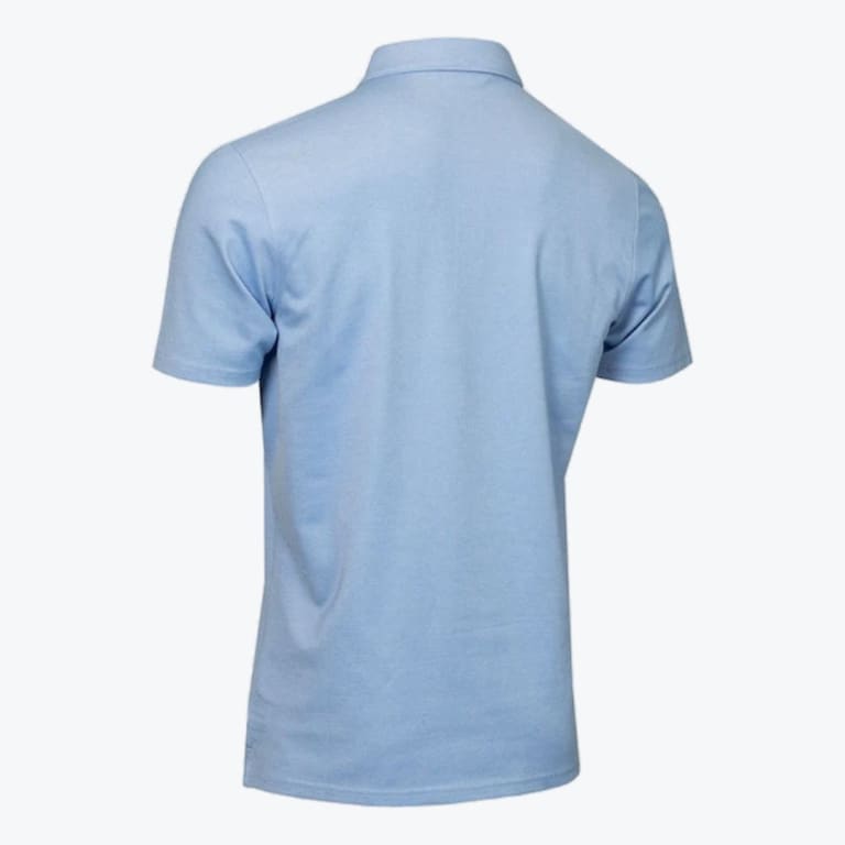 Back view of a light blue short-sleeved polo shirt on a white background.