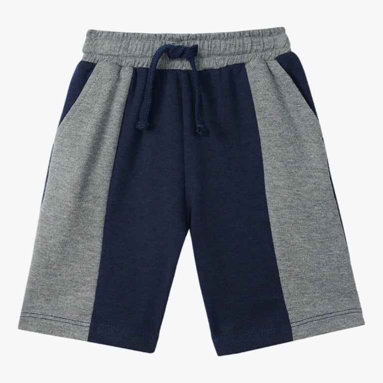 A pair of kids sweat shorts with a navy blue center panel, heather gray side panels, and a gray elastic waistband with a navy drawstring.