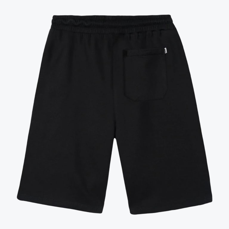 Back view of black casual shorts with an elastic waistband and a single back pocket on a white background.