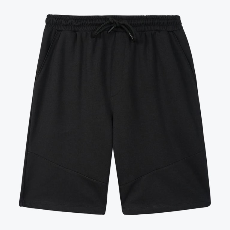 A pair of black athletic sweat shorts with a drawstring waistband and side pockets on a white background.