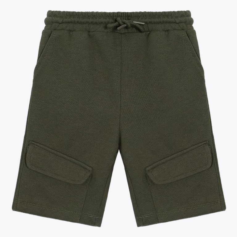 A pair of dark olive green cargo shorts with an elastic drawstring waist and flap pockets on the lower front, displayed against a white background.