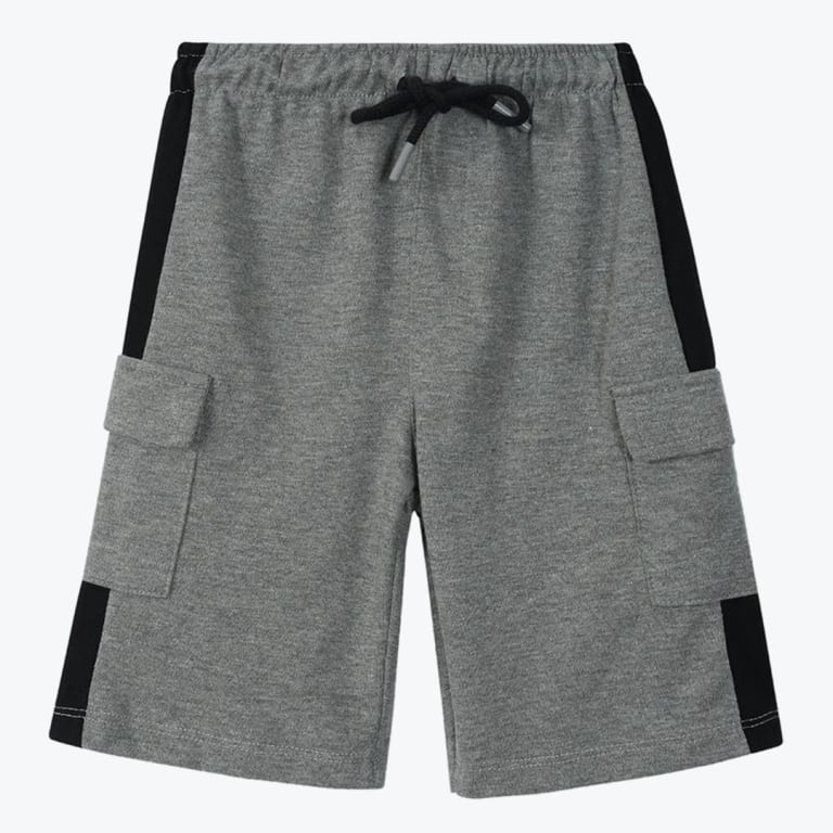 A front-facing view of grey knit cargo shorts with black side stripes and a drawstring waistband on a white background.